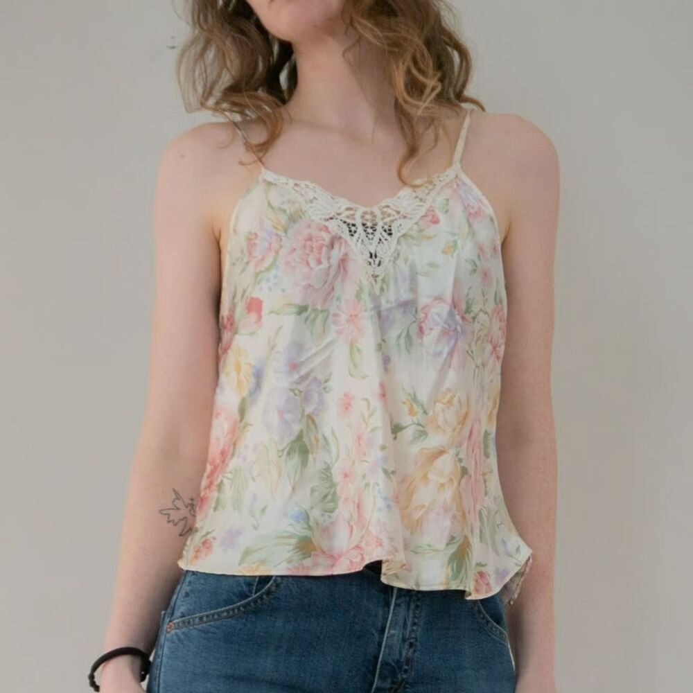 Vintage Floral Satin Cream Girlhood Cottage Coquette Summer Festival Tank Top